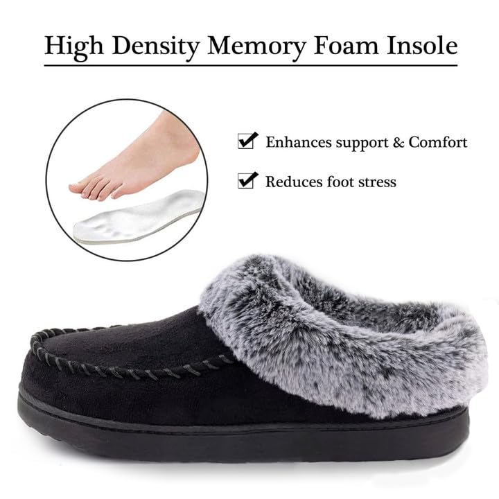ULTRAIDEAS Women's Memory Foam House Slippers with Hard Bottom, Fur Lined House Shoes with Non-Slip Rubber Sole for Indoor & Outdoor (Black, 7-8) - Image 2
